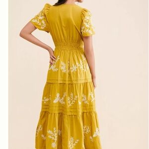 Anthropologie Mustard Midi Dress with White Embroidery